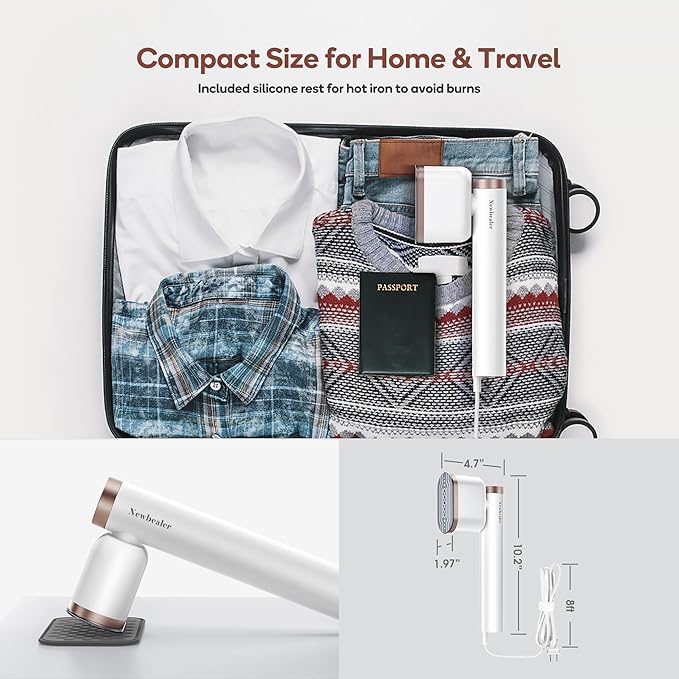 Newbealer Steamer for Clothes, 1200W Portable Steam Iron, 2 Steam Levels, Horizontal and Vertical Steaming, Dry Ironing, 15s Heat Up, Rotatable, 302°F Garment Wrinkle Remover (120V Only)