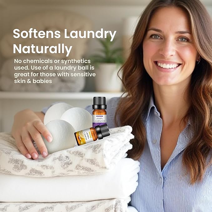 SEREN Wool Dryer Balls with Essential Oils – 100% New Zealand Wool, Plastic-Free & Reusable, Reduces Wrinkles & Static, Gentle on Baby Clothes & Sensitive Skin