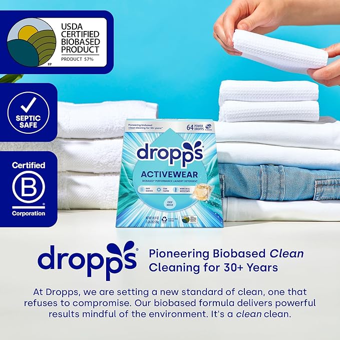 Dropps Activewear Laundry Detergent Pods, Unscented (64 Count) - Biobased Power Laundry Pods Fights Tough Stains & Odors, Sweat & Dirt - HE Compatible Laundry Supplies for Clean Sport Clothes