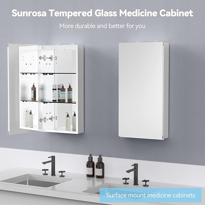 Sunrosa Medicine Cabinet with Mirror, 16" W x 31.5" H, 1 Door, Wall-Mounted & Recessed Bathroom Medicine Cabinet with Tempered Glass Mirror