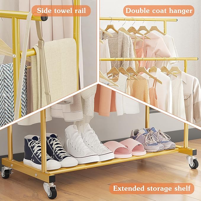 Calmootey Double Rod Clothing Garment Rack,Rolling Hanging Clothes Rack,Portable Clothes Organizer for Bedroom,Living Room,Clothing Store,Gold
