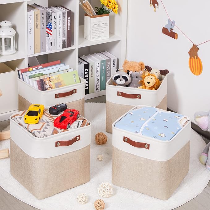 HNZIGE Foldable Storage Baskets(4 Pack) Cube Storage Baskets for Shelves,Storage Cubes for Organizing Closet,12x12 Baskets for Cube Storage,Home Organization with Handles(White&Beige)