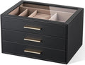 pickpiff Jewelry Box Organizer Case for Women: 3-Layer Jewelry Storage Case with Glass Window, Black Leather with Blush Velvet, Holder for Ring Necklace Bracelet Brooch Watch, Great Gift for Her