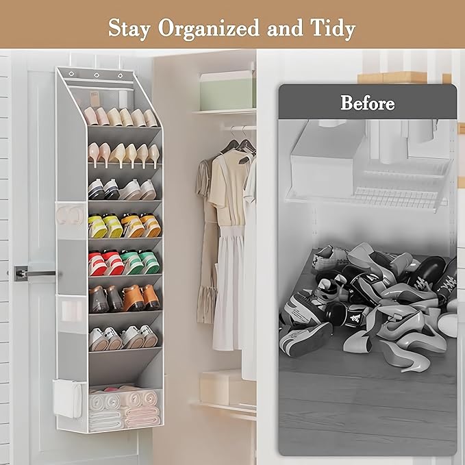 Over The Door Shoe Organizer - Shoe Rack with 8 Tiers, Sturdy Oxford Fabric Storage for Closet, Entryway, Dorm Room, Bedroom, Space Saving Holder for All Types Over The Door Organizer(Grey)