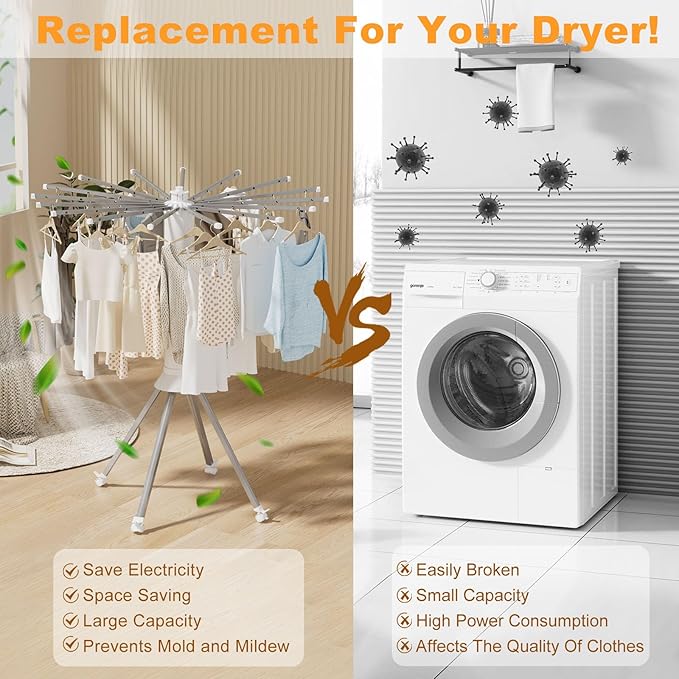 Four-Legged Clothes Drying Rack, Portable and Foldable Space Saving Laundry Drying Rack, Outdoor Folding Dry Rack with 4 Pulleys & 16 Poles, Collapsible Aluminum Indoor Dry Rack for Balcony, Poolside