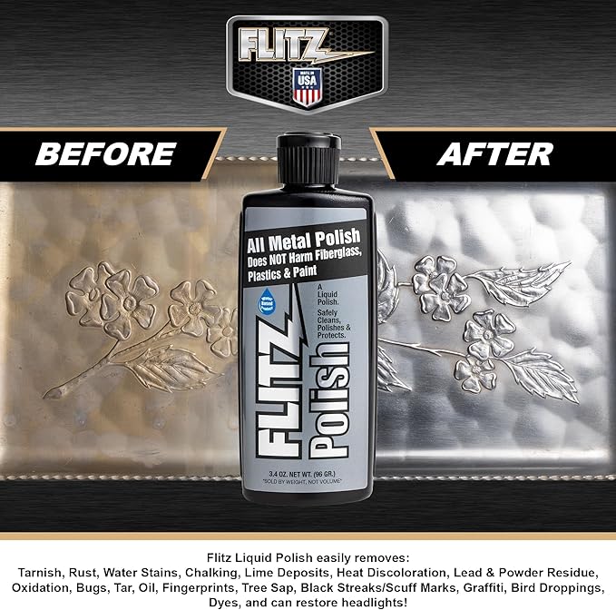 Flitz Multi Purpose Metal Polish Liquid - 3.4oz Bottle of USA-Made Tarnish Remover - For Aluminum, Chrome, Brass, Nickel, Silver - Non-Abrasive Metal Cleaner and Polish, Restorer (1 Pack)