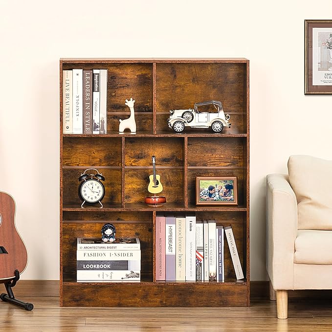 LEYAOYAO 7 Cube Bookshelf with Base,3 Tier Mid-Century Modern Brown Bookcase,Standing Wide Bookshelves Storage Organizer Shelf,Rustic Wood Display Cabinet Book Shelves for Bedroom,Living Room,Office