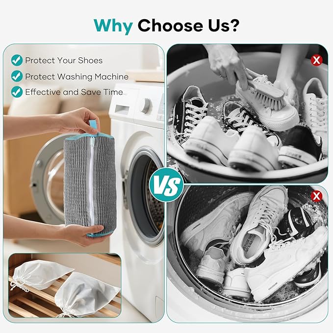Shoe Washing Machine Bag for Washer & Dryer, Large Shoe Bag for Washing Machine Plush Fibers laundry Bag for Sneakers, Tennis Shoes and Gym shoes, Grey (2PCS)