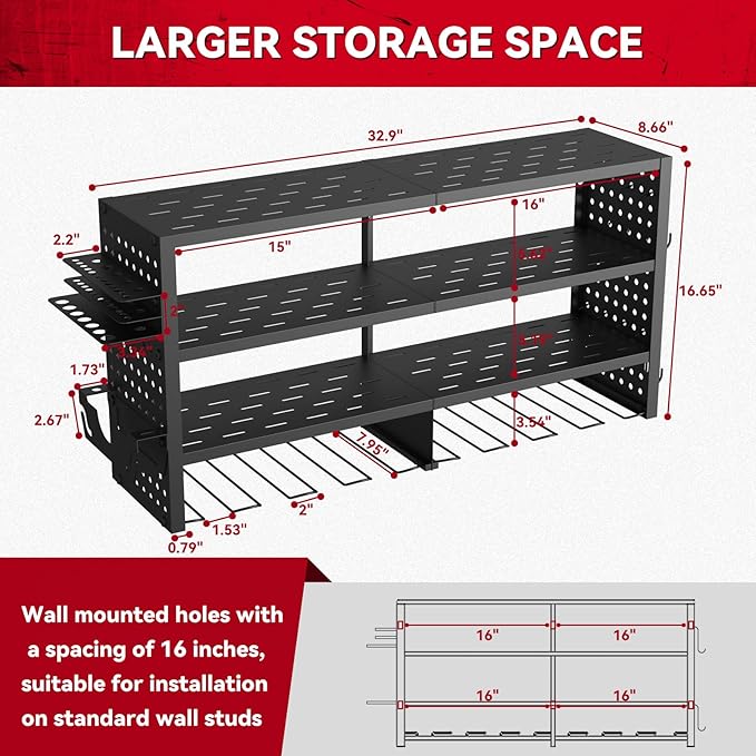 Power Tool Organizer Wall Mount, Heavy Duty 4-Tier Garage Storage Rack with Hooks and Cordless Drill Holder, Utility Racks for Screwdrivers, Pliers, Hammers,AngleGrinder, Shelf for Workbench