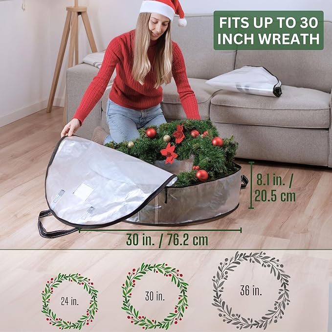 VENO 2 Pack Front Door Wreath Storage Container For Summer - 30 Inch Clear Wreath Bag, Christmas Garland Decoration Organizers with Zipper and Durable Handles (Clear, 30"-2 Pack)