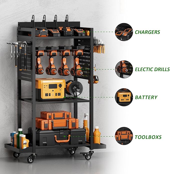 Power Tool Organizer Rolling Tool Cart with Charging Station & Power Tool Organizer - 3-Tier Rolling Utility Cart for Garage Workshop Storage