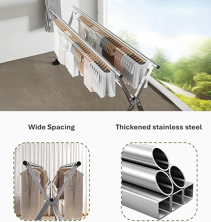 95 Inches Clothes Drying Rack Clothing Windproof Design, Heavy Duty Stainless Steel Laundry Drying Rack Folding Indoor Outdoor, Foldable Portable Clothing Racks for Hanging Clothes, 20 Hooks 12 Clips