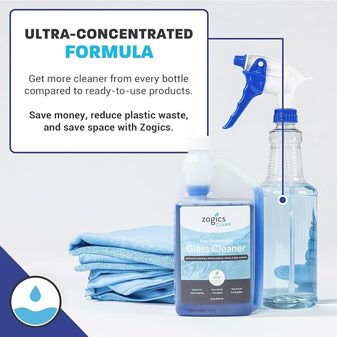 Zogics Non-Ammoniated Glass Cleaner Concentrate - 32 oz Bottle Makes up to 10 Gallons - Meets ECOLOGO Standards