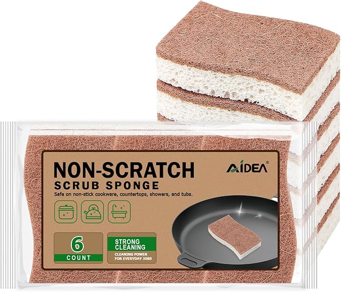 AIDEA Sponges Non Scratch, 6Count, Natural Sponge for Non Stick Cookware, Sponges Kitchen, Cellulose Scrub Sponge for Dishes, Cleaning Power for Kitchen, Bathroom, Household