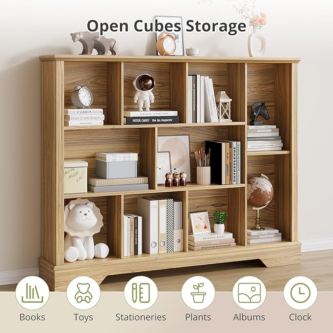 10-Cube Storage Bookcase, Modern 3-Tier Wooden Storage Organizer Open Bookshelf with Base for Living Room, Bedroom, Home Office