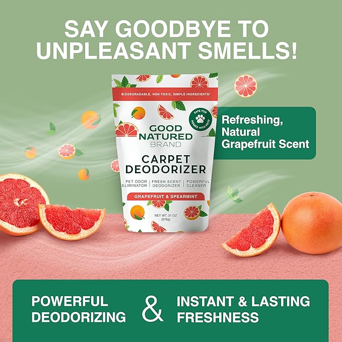 Good Natured Brand | Carpet Deodorizer & Freshener Powder | 31 oz Pet Odor Eliminator for Strong Odor & Pet Urine | Fresh Natural Grapefruit & Spearmint Scent | Safe for Homes with Pets