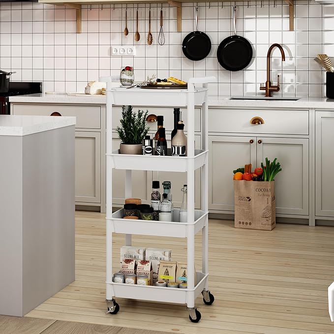 4 Tier Rolling Cart with Handle, Utility Cart with Table Top Easy Assembly Bathroom Storage Cart on Wheels for Office, Living Room, Kitchen, Craft Room, White