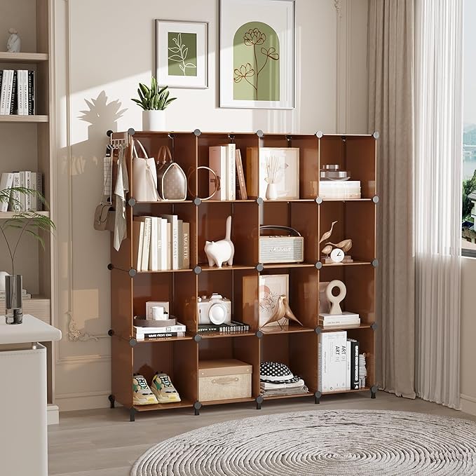 AWTATOS Cube Storage Organizer, Storage Cubes Shelves Bookshelf, 16 Cube Closet Organizers and Storage, DIY Stackable Plastic Clothes Organizer Shelving for Bedroom, Home Office, Cocoa Brown