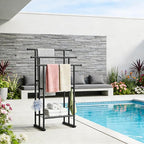 ELYKEN 3 Tier Standing Towel Rack, 40'' Tall Towel Drying Rack Outdoor, Freestanding Floor Towel Rack with Shelf, Pool Towel Blanket Stand, Metal Towel Racks for Bathroom freestanding, Matte Black