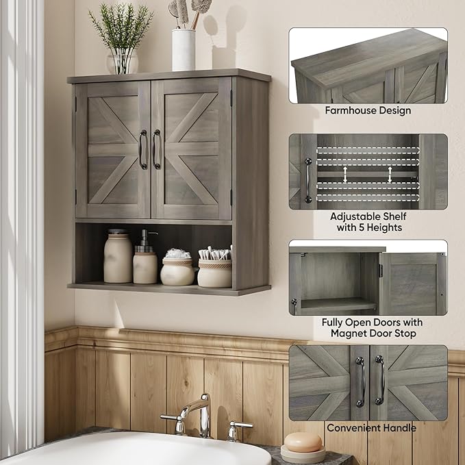 Bathroom Wall Cabinet with Barn Doors, Wall Mounted Bathroom Storage Cabinet, Farmhouse Style, Adjustable Shelf, Wall Mounted, Grey