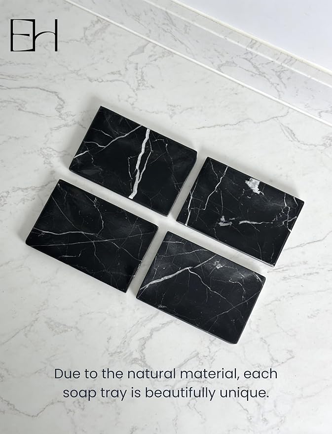 Natural Marble Soap Dish for Shower with Silicone Non-Slip Feet, Stone Drying Tray, Bar Soap Saver, Holder Container for Bathroom Decor Accessories(Black Marquina, Rectangular)