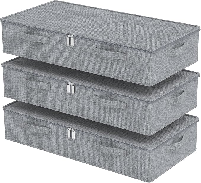 Underbed Storage Box, Foldable Under Bed Bins Container, Organizer Baskets with Lid for Organizing Clothes, Sheets, Pillows, Comforter, 31.4x15.7x5.9in, Grey, 3 Pack