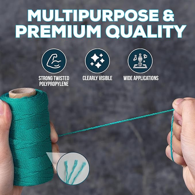 Green Mason Line String – 393ft, 1.3mm Thick Twisted Polypropylene – Durable Construction Twine for Laying Bricks, Blocks, Fences in Gardening, DIY & Landscaping Projects