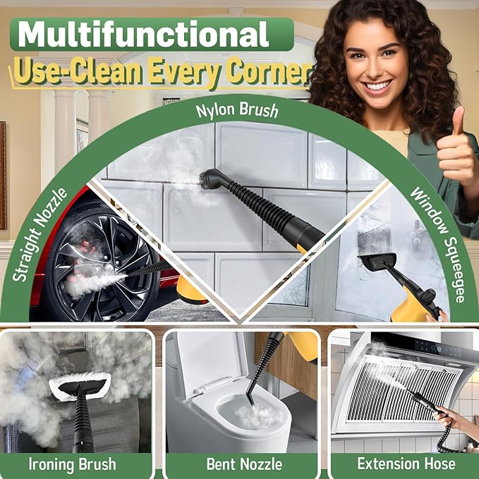 Multi-Surface Portable Steam Cleaner with 11Pcs Accessories, Chemical-Free Pressurized Steamer for Cleaning, Hand Held Steamer for Car, Furniture, Floor, Tile Grout and Home Use