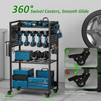 Utility Cart & Tool Organizer with 3-Tier Shelves, Pegboards & Electric Drill Holder | Heavy-Duty Rolling Cart for Garage & Workshop | Mobile Tool Storage & Gift for Men