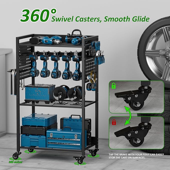 Utility Cart & Tool Organizer with 3-Tier Shelves, Pegboards & Electric Drill Holder | Heavy-Duty Rolling Cart for Garage & Workshop | Mobile Tool Storage & Gift for Men