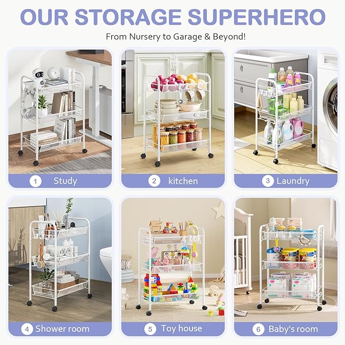 TOOLF 3-Tier Metal Rolling Cart, Mesh Wire Easy Assemble Utility Cart, Storage Trolley on Wheels with 3 Hooks, MetalStorage Shelving Units for Kitchen Bathroom Laundry Room