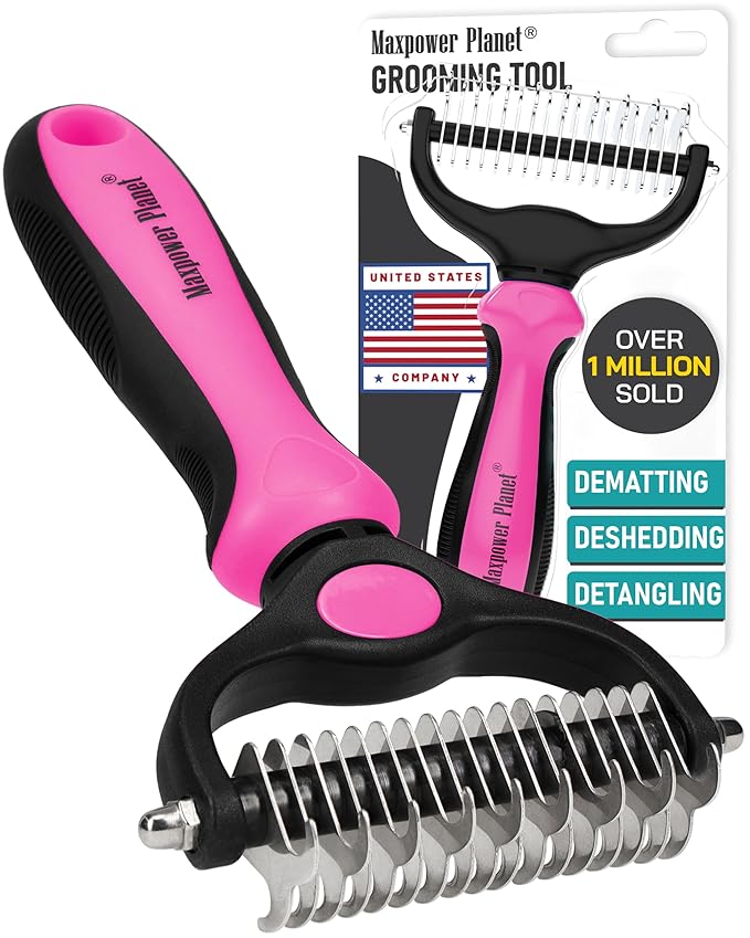 Maxpower Planet Hair Brush - Double Sided Shedding, Dematting Undercoat Rake for Dogs, Cats - Extra Wide Dog Grooming Brush, Pink