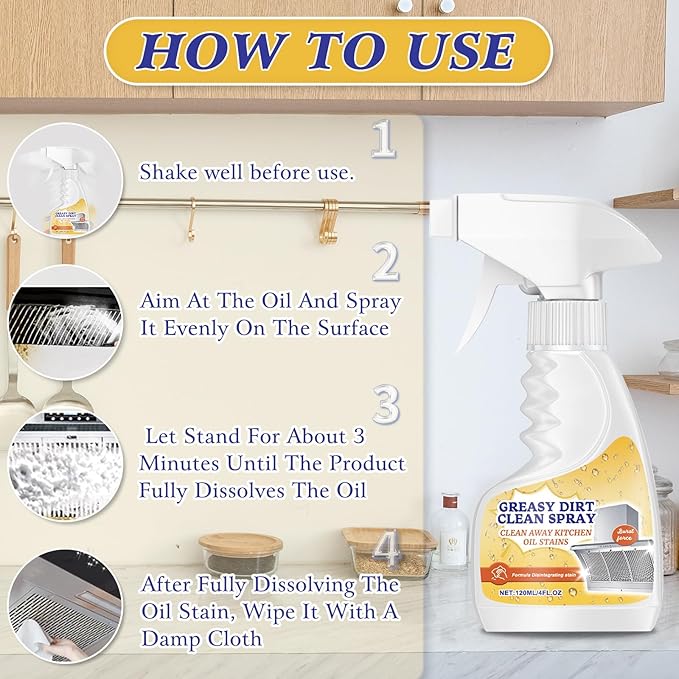 2Pcs All-Purpose Oil Stain Cleaner, Kitchen Oil Remover Degreaser Spray, All-Purpose Cleaner and Degreaser, Degreaser Cleaner,Kitchen Bathroom Cleaning Supplies 120ml/4Fl.oz