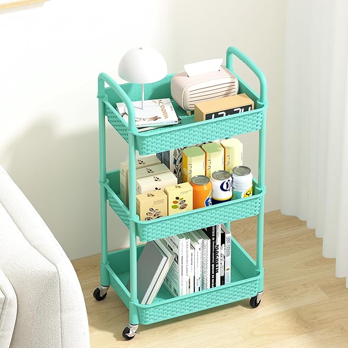 MOYIPIN 3-Tier Plastic Rolling Utility Cart with Handle,Utility Storage Cart for Office, Living Room, Kitchen,Movable Storage Organizer Shelves,Turquoise