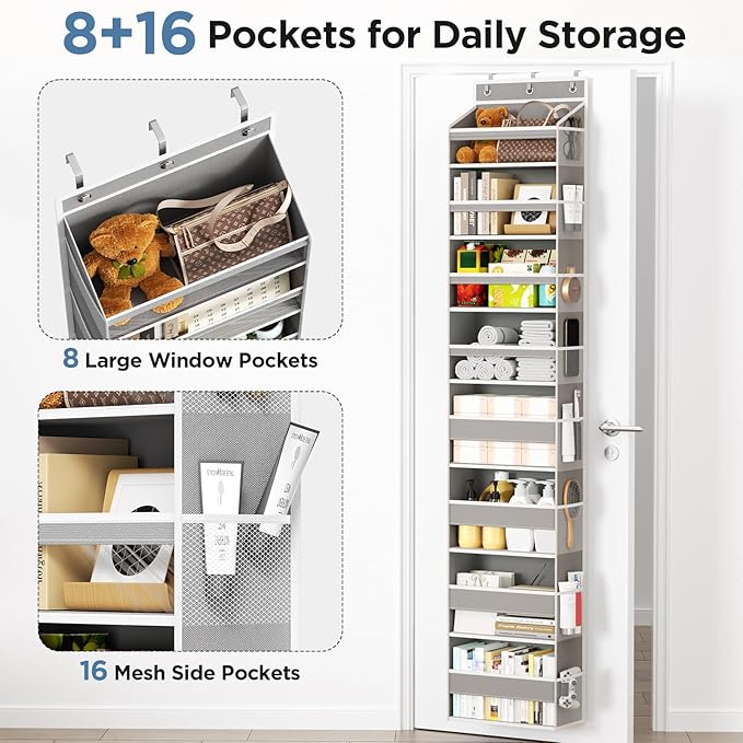 Over The Door Organizer, 8 Shelf Door Hanging Organizers with 8 Large Capacity Pockets, Back of Door Organizer Storage Hanging Shelves for Closet Bathroom Bedroom Nursery