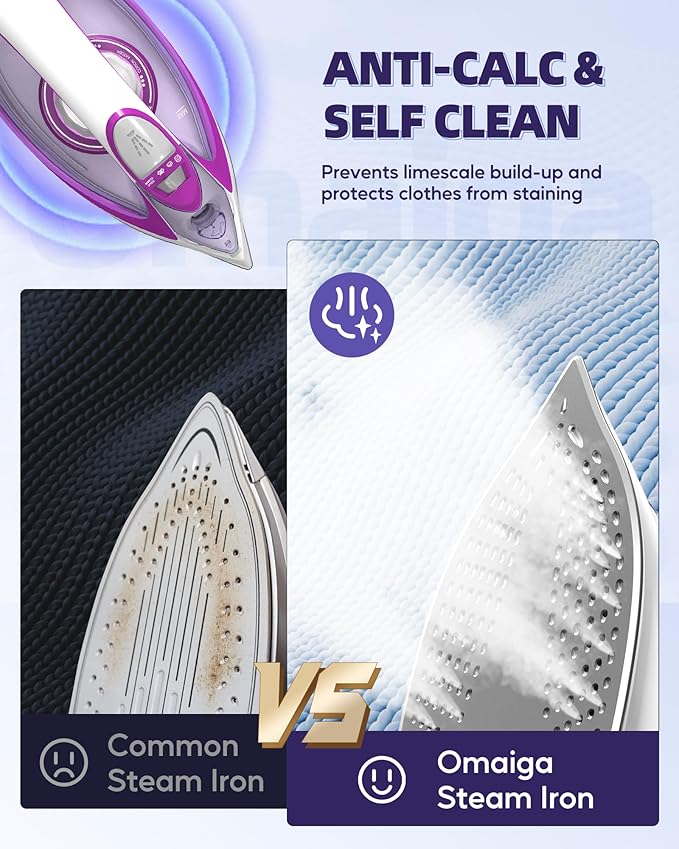 Steam Iron for Clothes, 1750W Iron with Rapid Heating, Non-Stick Ceramic Soleplate, Powerful Steam, Self-Cleaning, Auto-Off, Anti-Drip, 15.21oz Water Tank Ironing Clothes for Home, Purple