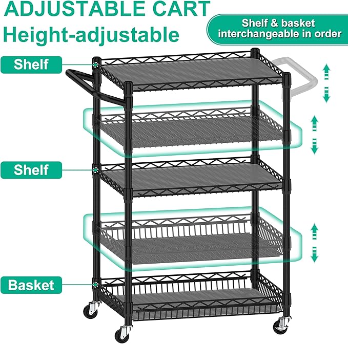 3 Tier Rolling Cart with Wheels, Metal Utility Cart for Storage Heavy Duty Wire Trolley for Kitchen Serving Grocery Food with 3 Shelf Liners 6 Hooks, 18 x 23.8 x 37 Inches, Black