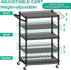 3 Tier Rolling Cart with Wheels, Metal Utility Cart for Storage Heavy Duty Wire Trolley for Kitchen Serving Grocery Food with 3 Shelf Liners 6 Hooks, 18 x 23.8 x 37 Inches, Black