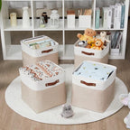 HNZIGE Set of 4 Fabric Storage Baskets (4 Pack), Large Baskets for Shelves, 13x13x13 Inch Storage Cubes with Leather Handles for Home, Toys, Clothes, Kids Room, Closet Storage (White & Beige)