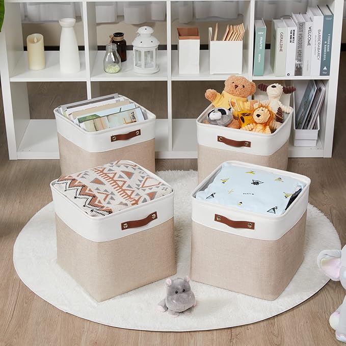 HNZIGE Set of 4 Fabric Storage Baskets (4 Pack), Large Baskets for Shelves, 13x13x13 Inch Storage Cubes with Leather Handles for Home, Toys, Clothes, Kids Room, Closet Storage (White & Beige)