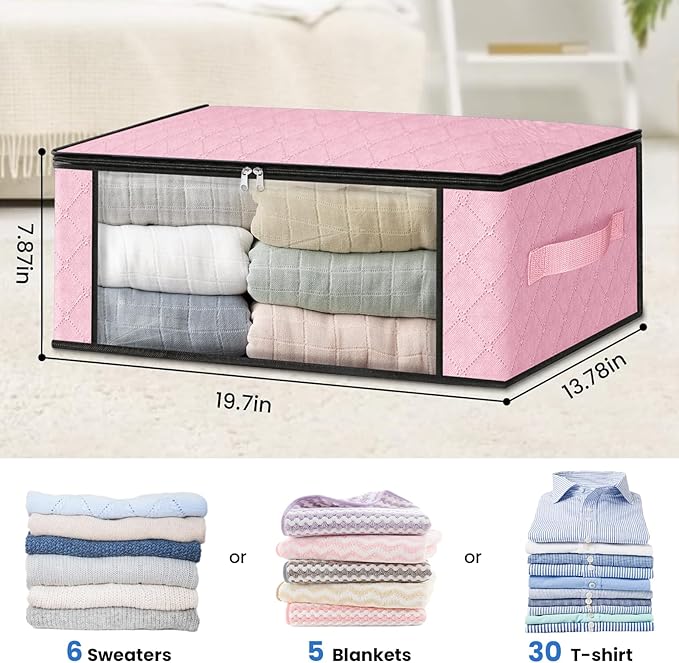 HomeHacks Storage 6-Pack Clothes Organizer Storage Bags Foldable Storage Box with Large Clear Window Sturdy Handles for Closet, Dorm, Pillows, Bedding, Clothes, Blankets, 35L, Pink