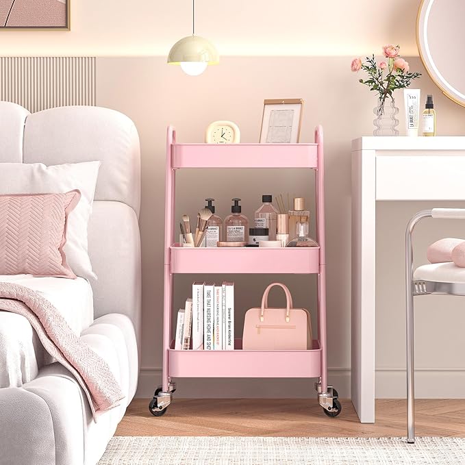 TOOLF 3-Tier Metal Rolling Cart with Wheels, Storage Utility Organizer Cart for Kitchen, Bathroom, Office, Baby Essentials & Makeup - Lockable Casters, Easy Assembly, Large Capacity, Pink