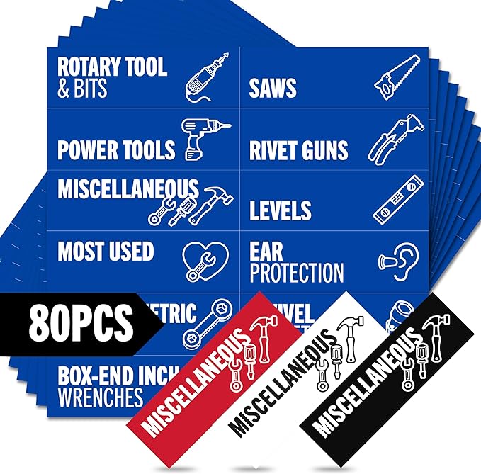 Toolbox Organization Magnetic Labels-80 Large Tool Chest Organizer Labels-Strong Magnets-Fits All Brands of Steel Tool Box Drawers (Blue 3.125x1.0 in)