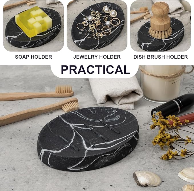 Soap Dish Bathroom Resin Marble Look Bar Soap Holder for Shower Soap Tray for Kitchen Sink 2 Pack(Marble Black)