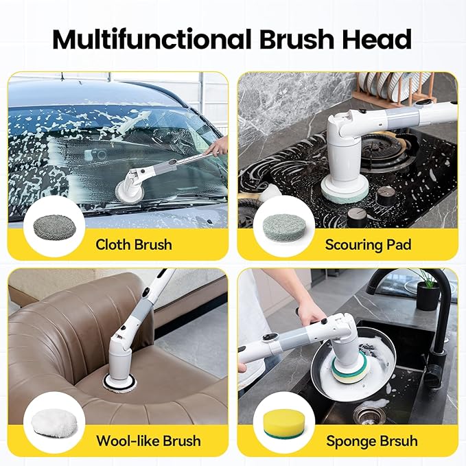 Electric Spin Scrubber, Cordless Cleaning Brush Shower Scrubber Up to 550 RPM with 9 Replaceable Brush Heads, Bathroom Scrubber Adjustable Extension Handle for Cleaning Bathroom Kitchen(Grey)