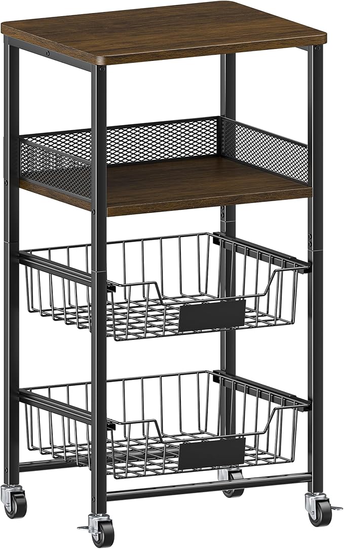 4-Tier Small Kitchen Storage Cart on Wheels, Rolling Pantry and Snack Organizer Cart with Pull-Out Baskets & Wood Top, Utility Kitchen Fruit Basket Stand for Fruit Potato Onion Vegetable Snack