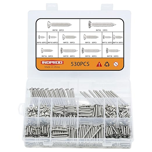 M4 Wood Screws Assortment Fasteners Kit 530Pcs,304 Stainless Steel Self-Tapping Screws,Phillips Drive Sheet Metal Screws Set,Countersunk Flat Head Assorted Screws,Self Tapping Screws for Metal