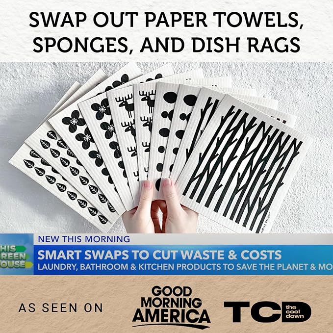 Nordhus Design Swedish Dishcloths, 10 Cloths, Made in Sweden - Reusable, Washable Cellulose Cotton Kitchen Cloths - Replace Paper Towels, Wipes, Sponges, Dish Rags