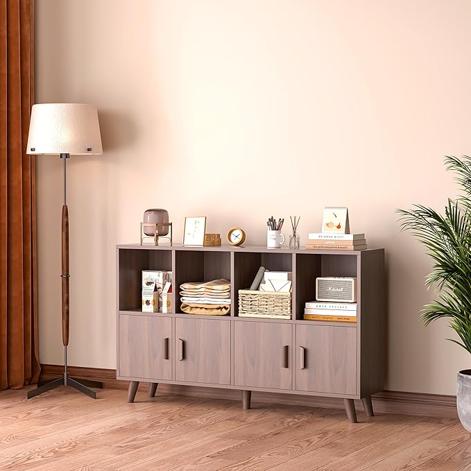 Cubby Shelf Bookcase with Doors - Wooden 8 Cubes Floor Standing Open Bookshelf with Solid Wood Legs, 2-Tier Low Storage Cabinet, Walnut