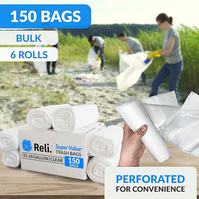 Reli. Easy Grab Trash Bags, 55-60 Gallon (150 Count) (Clear) - Star Seal Super High Density Rolls - Heavy Duty Can Liners, Garbage Bags, Bulk Bags - 50, 55, 60 Gallon Capacity